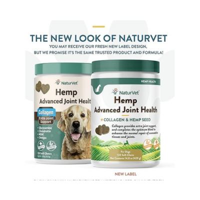 NaturVet Hemp Advanced Joint Health Dog Supplement Soft Chews –Helps Support Joint Health in Dogs – Includes Hemp Seed, Collagen, Glucosamine, MSM, Chondroitin, Omegas – 120 Ct.