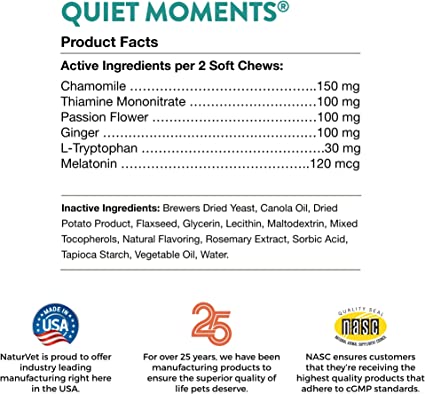 NaturVet Quiet Moments Calming Aid Dog Supplement, Helps Promote Relaxation, Reduce Stress, Storm Anxiety, Motion Sickness for Dogs (Quiet Moments, 180 Soft Chews)