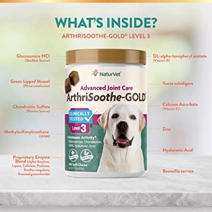 NaturVet ArthriSoothe-Gold Level 3 Advanced Joint Care for Dogs – Soft Chew Dog Supplement with Glucosamine, MSM, Chondroitin & Hyaluronic Acid – Wheat-Free Pet Supplements – 180 Ct.