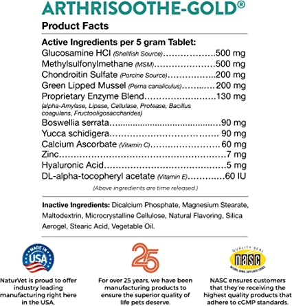 NaturVet – ArthriSoothe-GOLD – Level 3 Advanced Joint Care | Clinically Tested to Support Connective Tissue, Cartilage Health & Joint Movement | Enhanced with Glucosamine, MSM, Chondroitin & Green Lipped Mussel | For Dogs & Cats | 120 Chewable Tablets