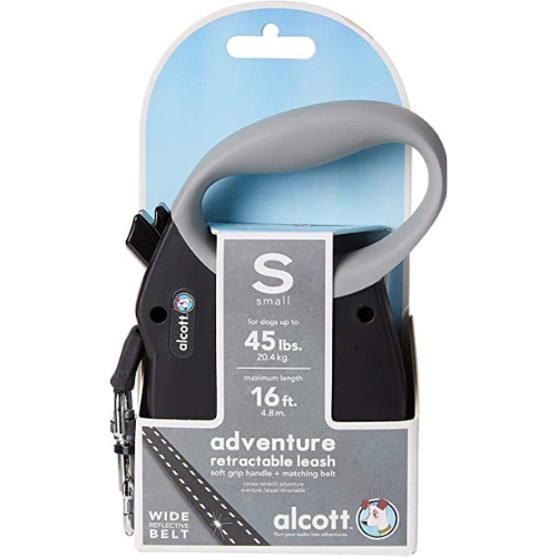 Alcott Adventure Retractable Reflective Belt Leash, 16' Long, Small for Dogs Up to 45 lbs, Black with Grey Soft Grip Handle
